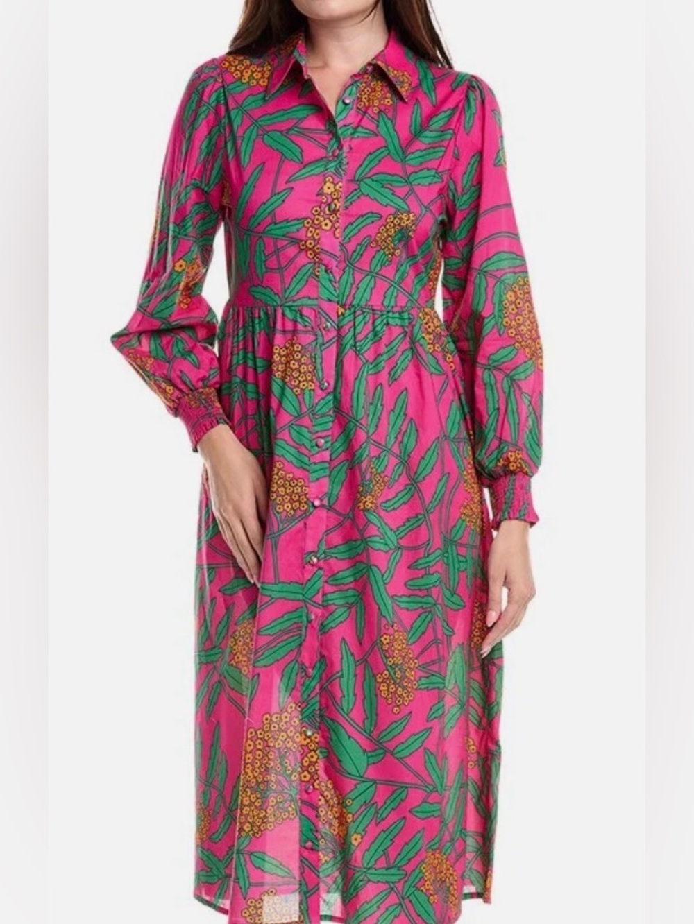 Flora Bea NYC Bright Pink Botanical-Print Button Midi Dress- medium